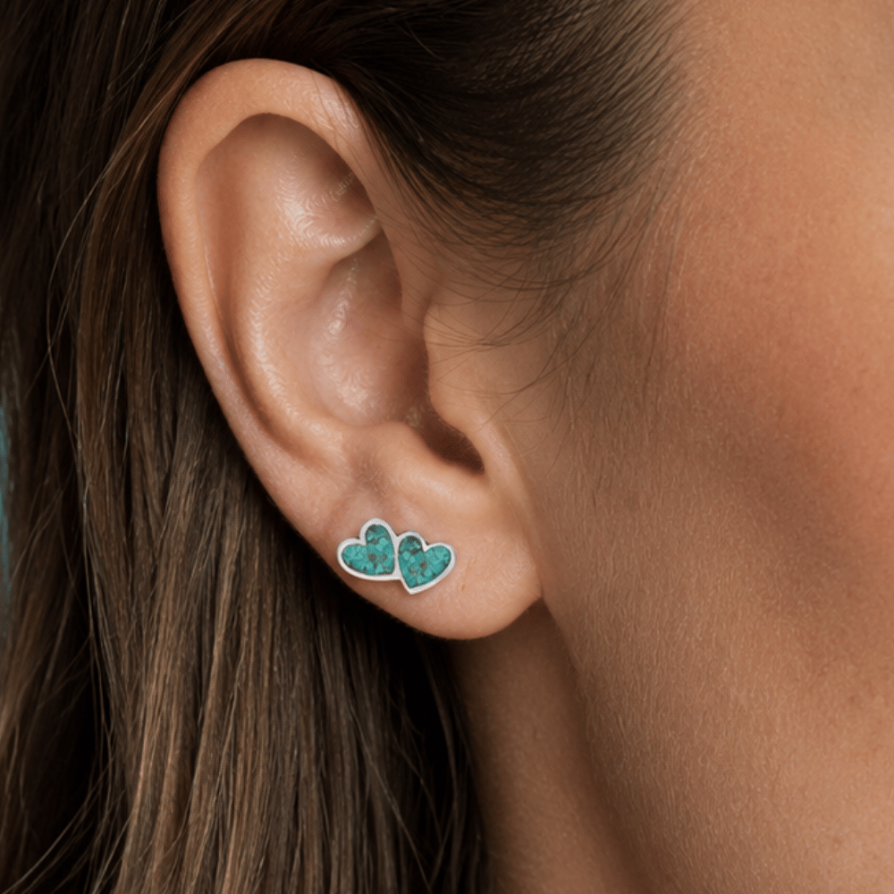 Turquoise Chip Double Heart Stud Earrings