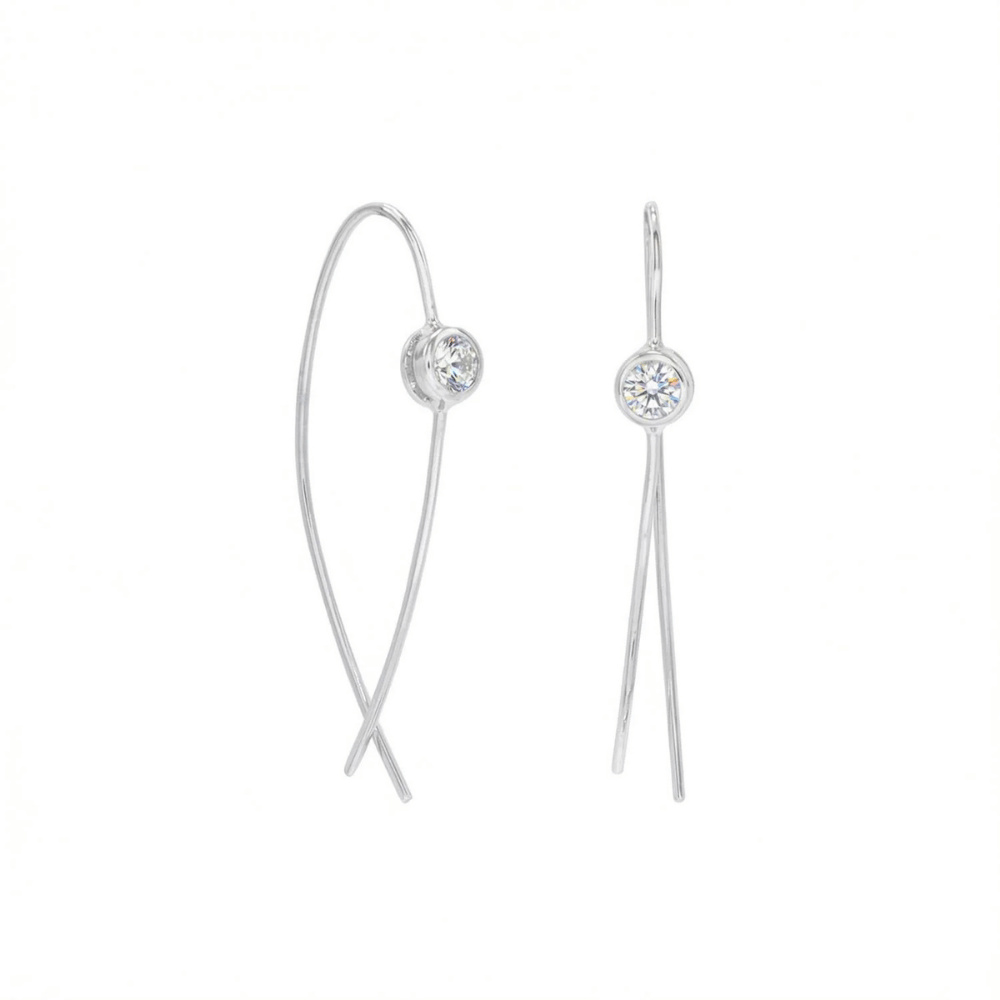 Rhodium Plated Thin Wire with Bezel CZ Earrings