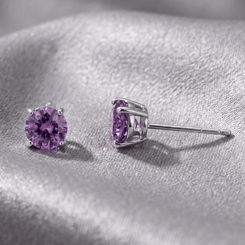 Rhodium Plated Birthstone Stud Earrings