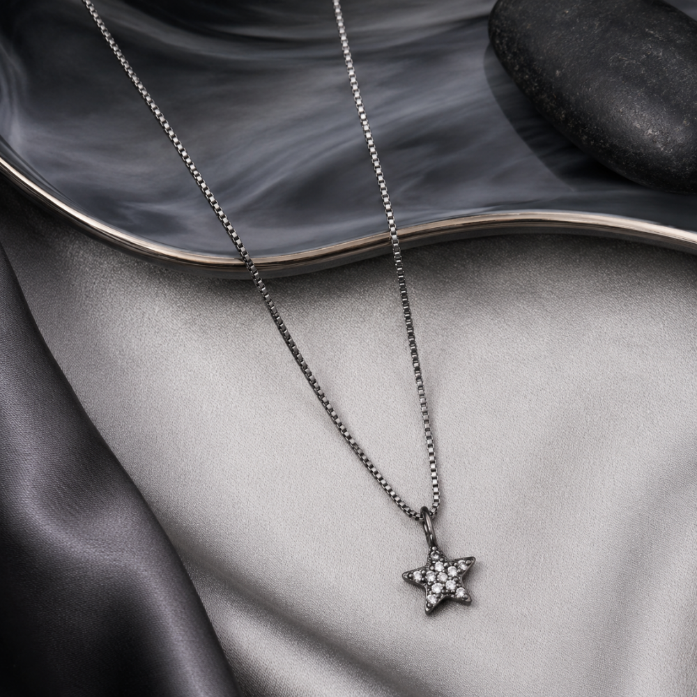 16" Black Rhodium Plated Diamond Studded Star Necklace