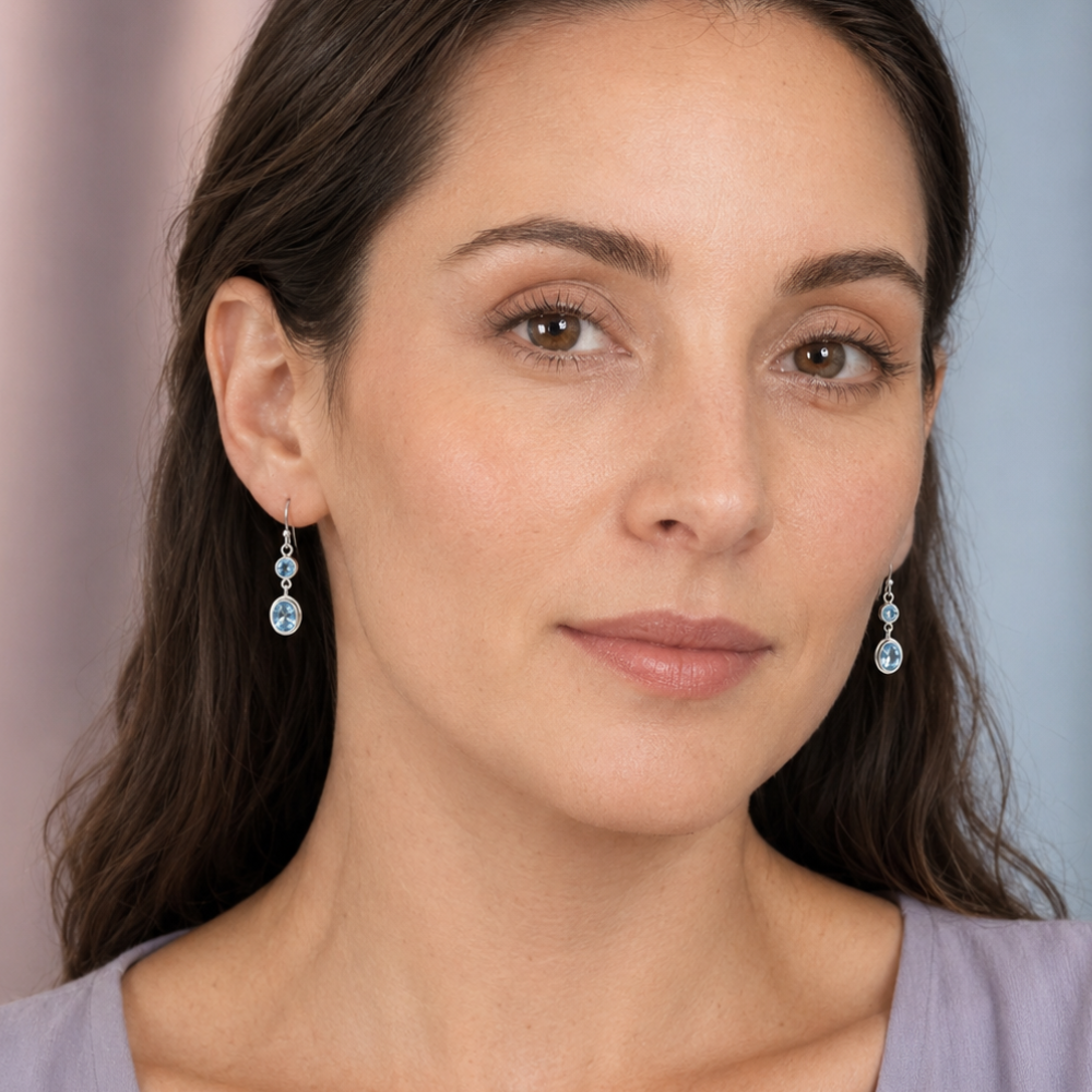 Round and Oval Blue Topaz French Wire Earrings