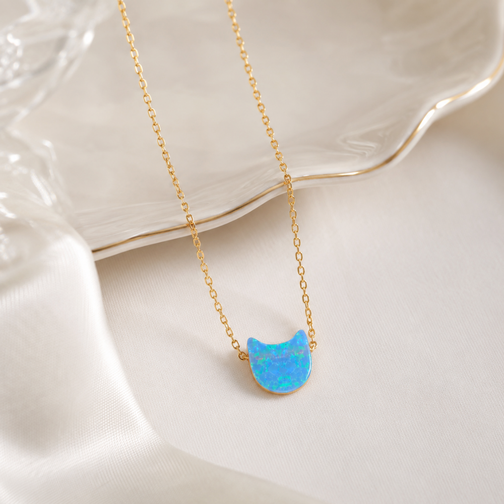 16" + 2" 14 Karat Gold Plated Synthetic Opal Kitty Cat Necklace