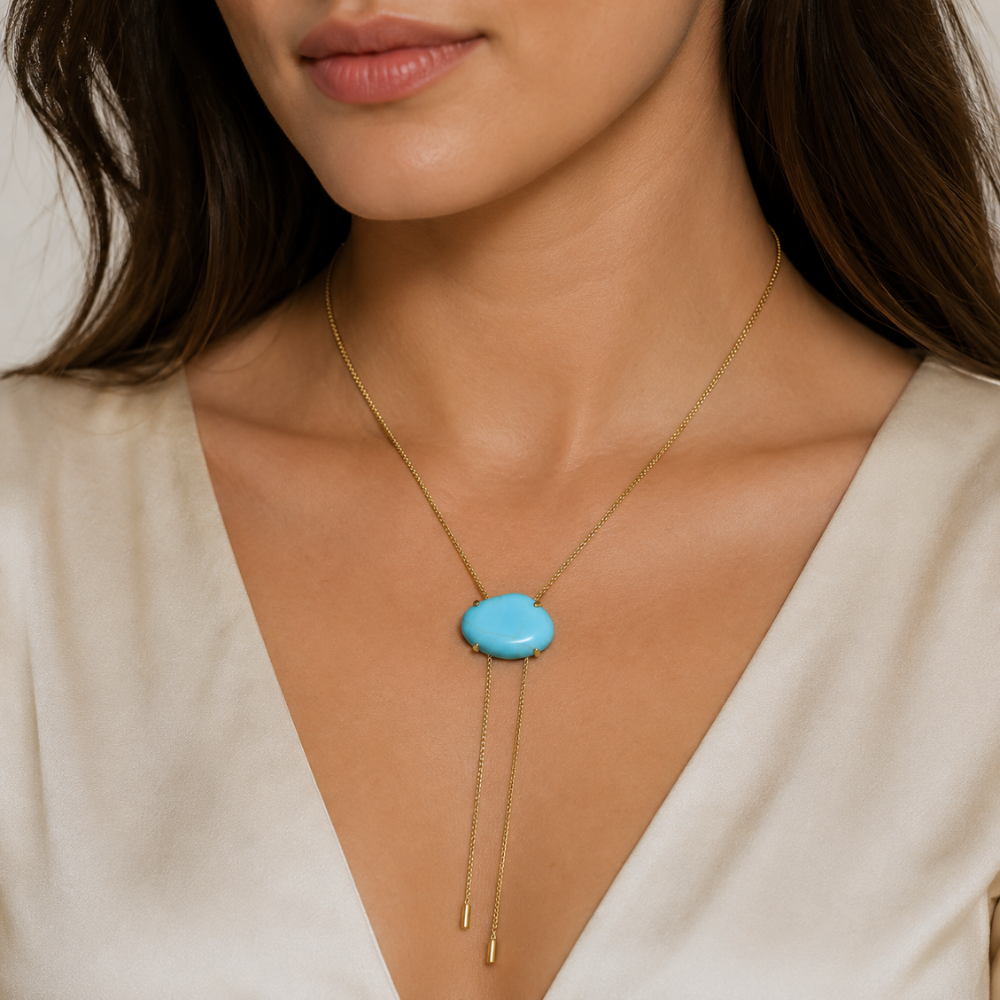 20" + 2" 18 Karat Gold PVD Stainless Steel Imitation Turquoise Bolo Necklace