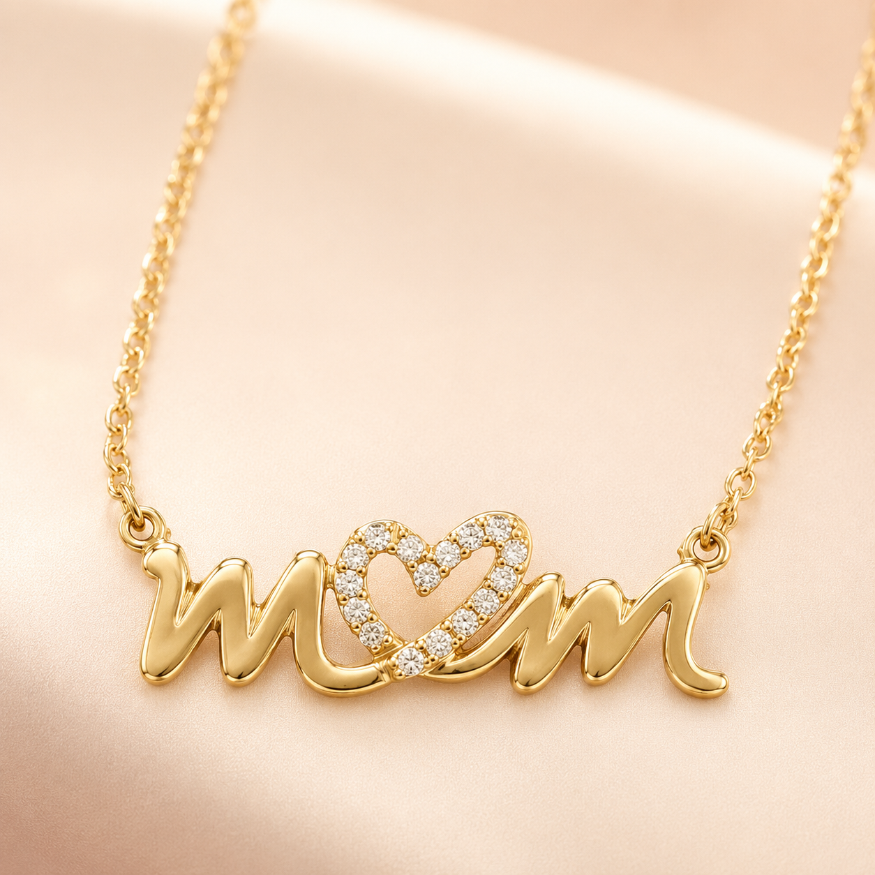 16" + 2" 14 Karat Gold Plated CZ Heart "mom" Necklace