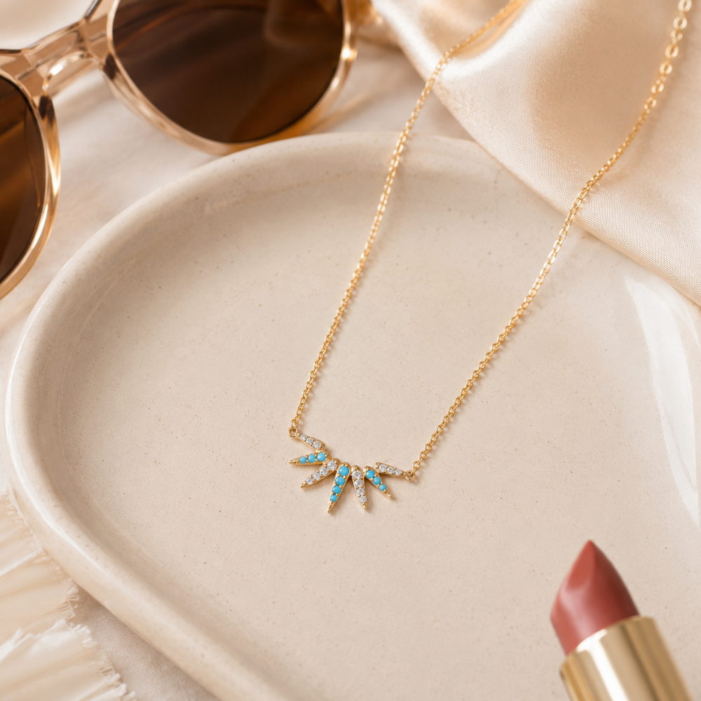 16" + 2" 14 Karat Gold Plated Synthetic Turquoise and CZ Spike Necklace