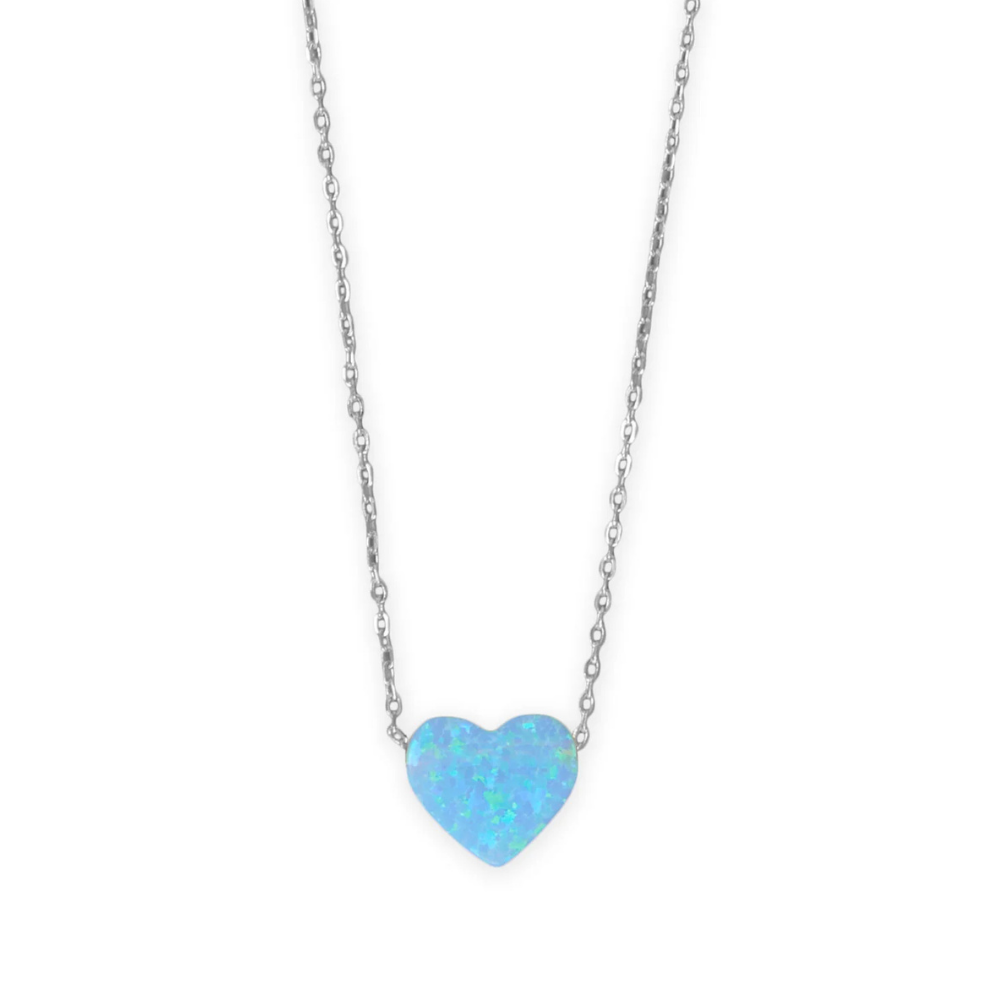 16" + 2" Rhodium Plated Synthetic Opal Heart Necklace