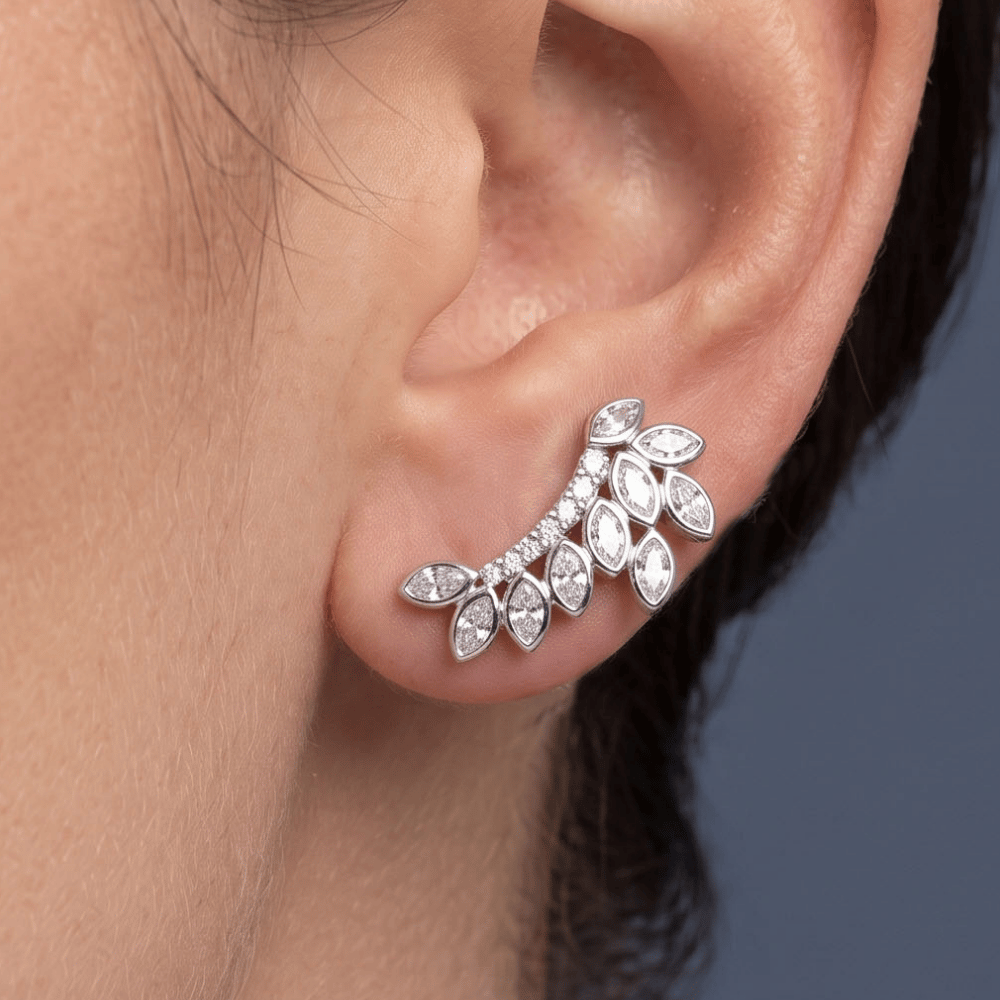 Rhodium Plated CZ Leaf Drop Earrings