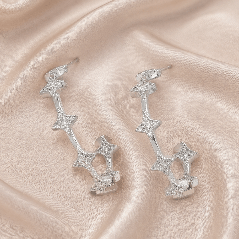Rhodium Plated CZ Star In/Out Fashion Hoop Earrings