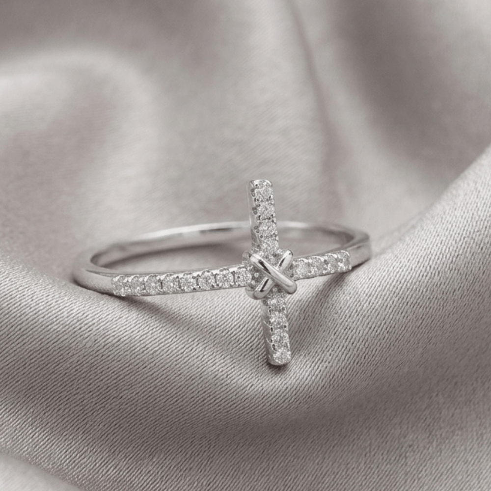 Rhodium Plated CZ Sideways Cross Ring