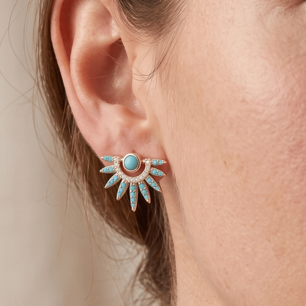 14 Karat Gold Plated Synthetic Turquoise and CZ Spike Post Earrings