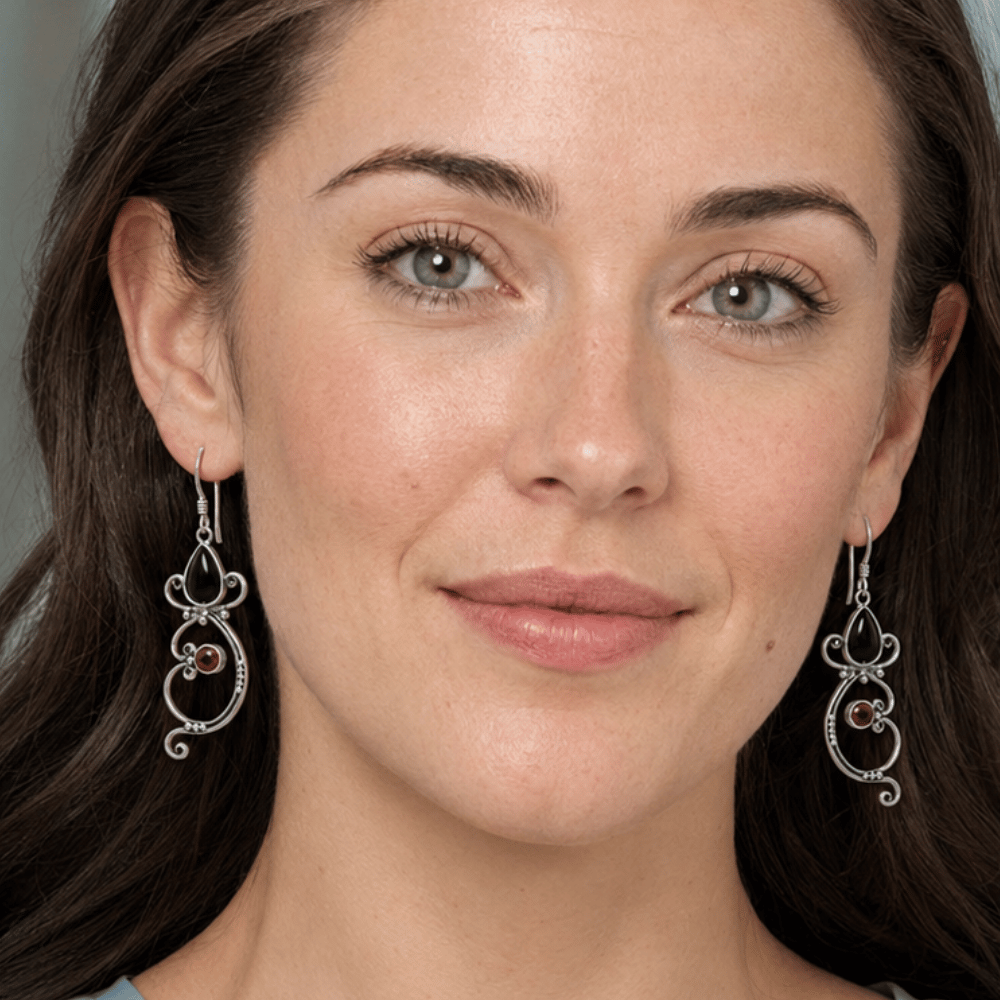 Black Onyx and Garnet Bali Earrings