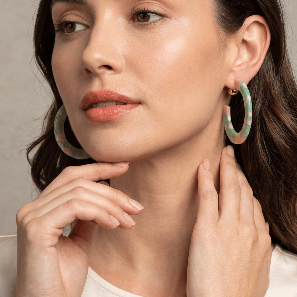 Gold Tone Green Marble Acrylic 3/4 Hoop Earrings