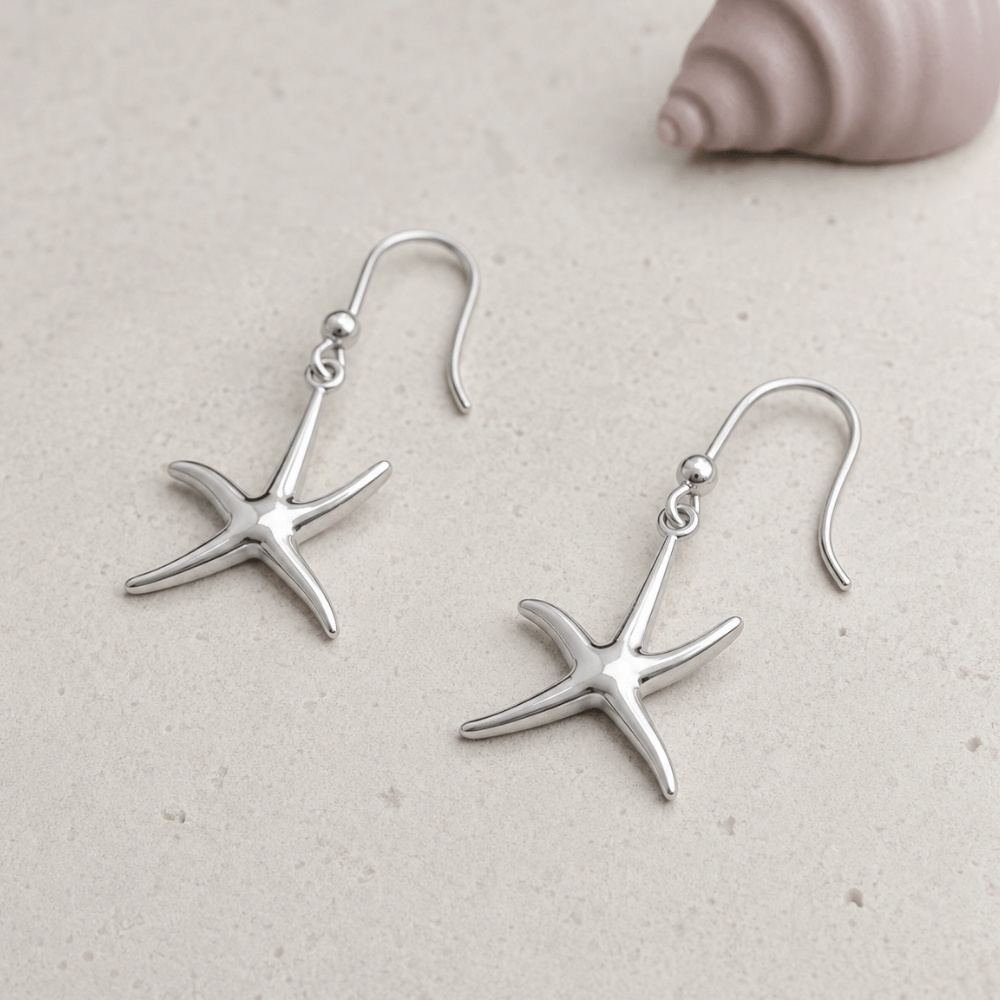 Rhodium Plated Starfish French Wire Earrings