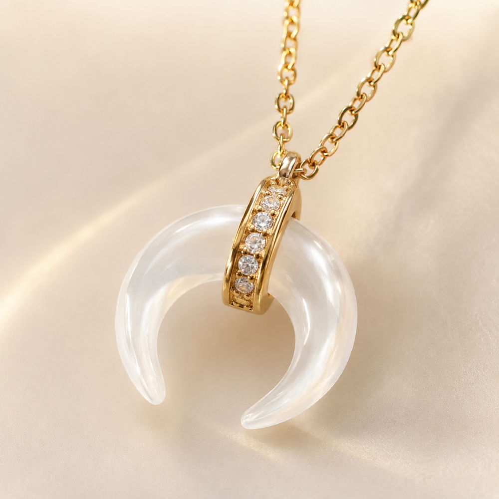 Mother of Pearl and CZ Crescent Gold Plated Necklace