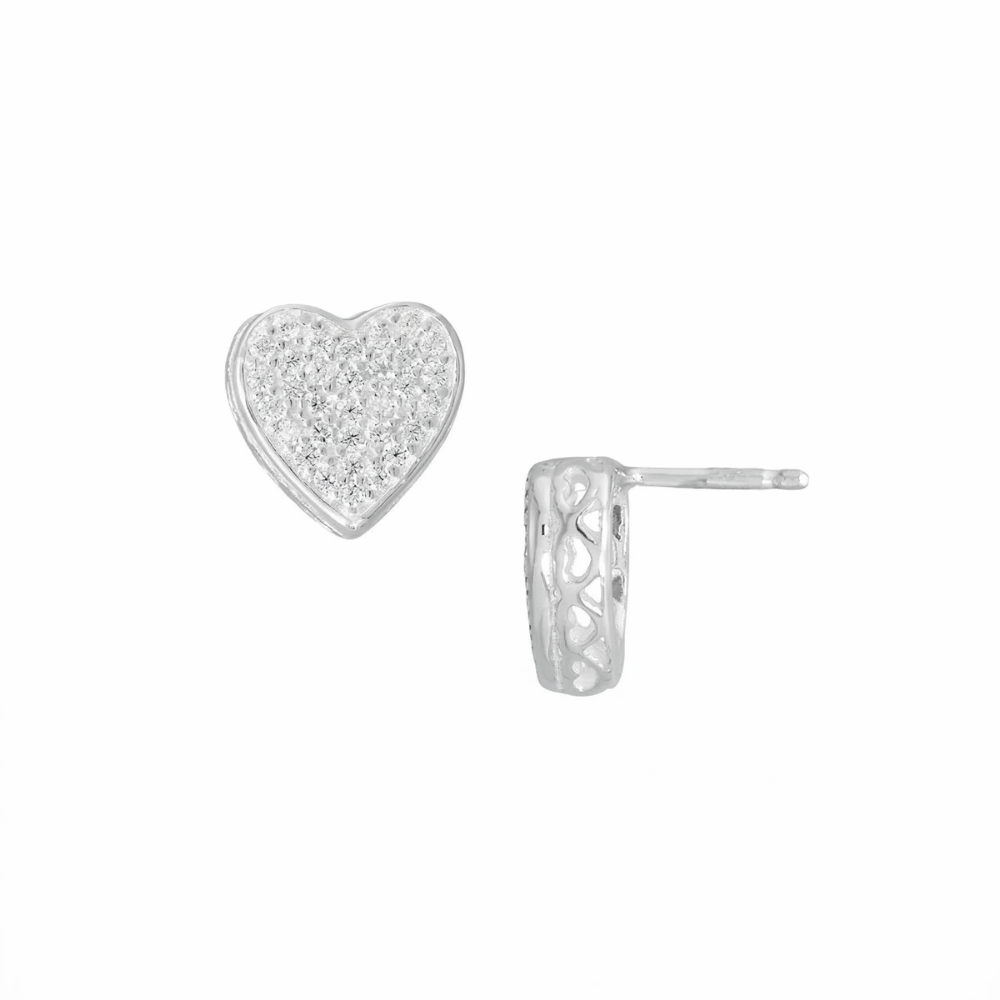 Stylized Pave CZ Heart Stud Earrings