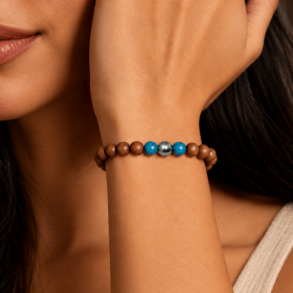 8-inch Blue Agate, Wood and Silver Bead Stretch Bracelet - view 4