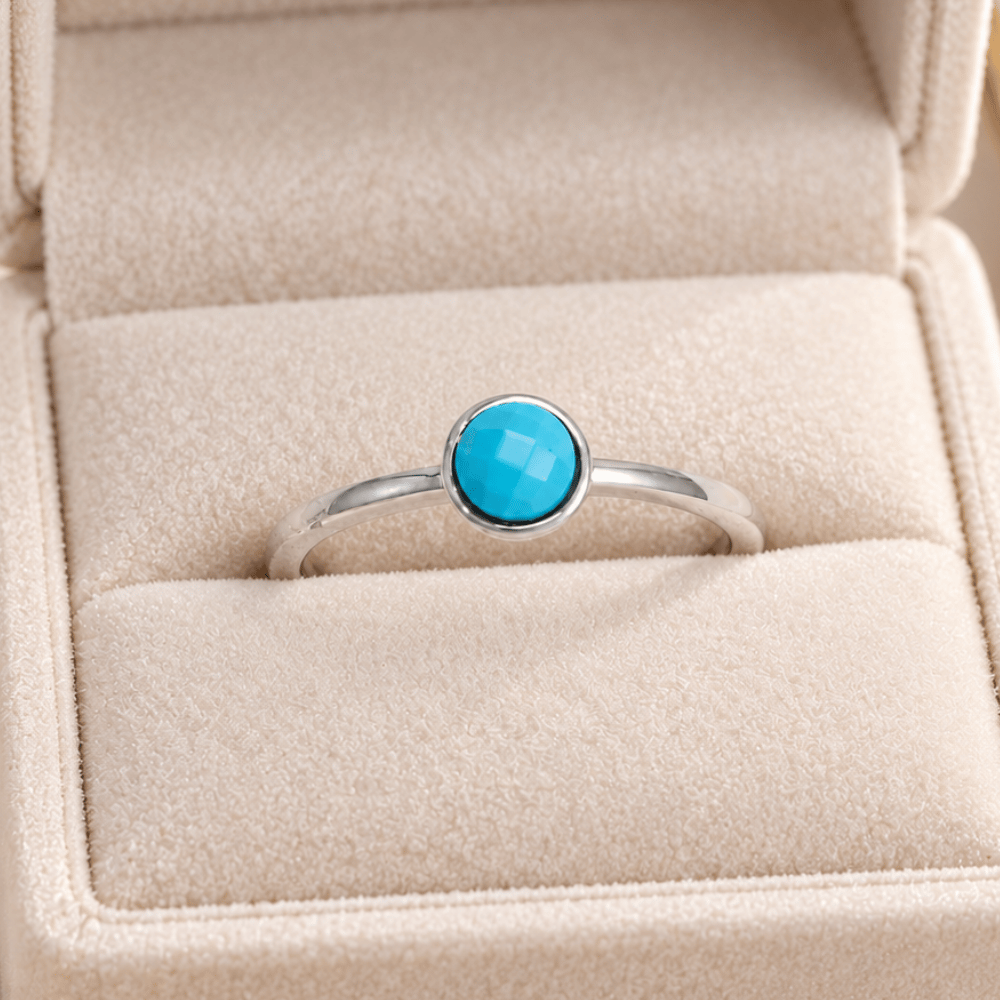 Rhodium Plated Round Faceted Turquoise Ring