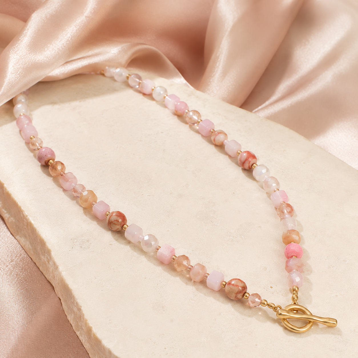 18" Pink Rondell Glass and Picture Jasper Bead Fashion Toggle Necklace