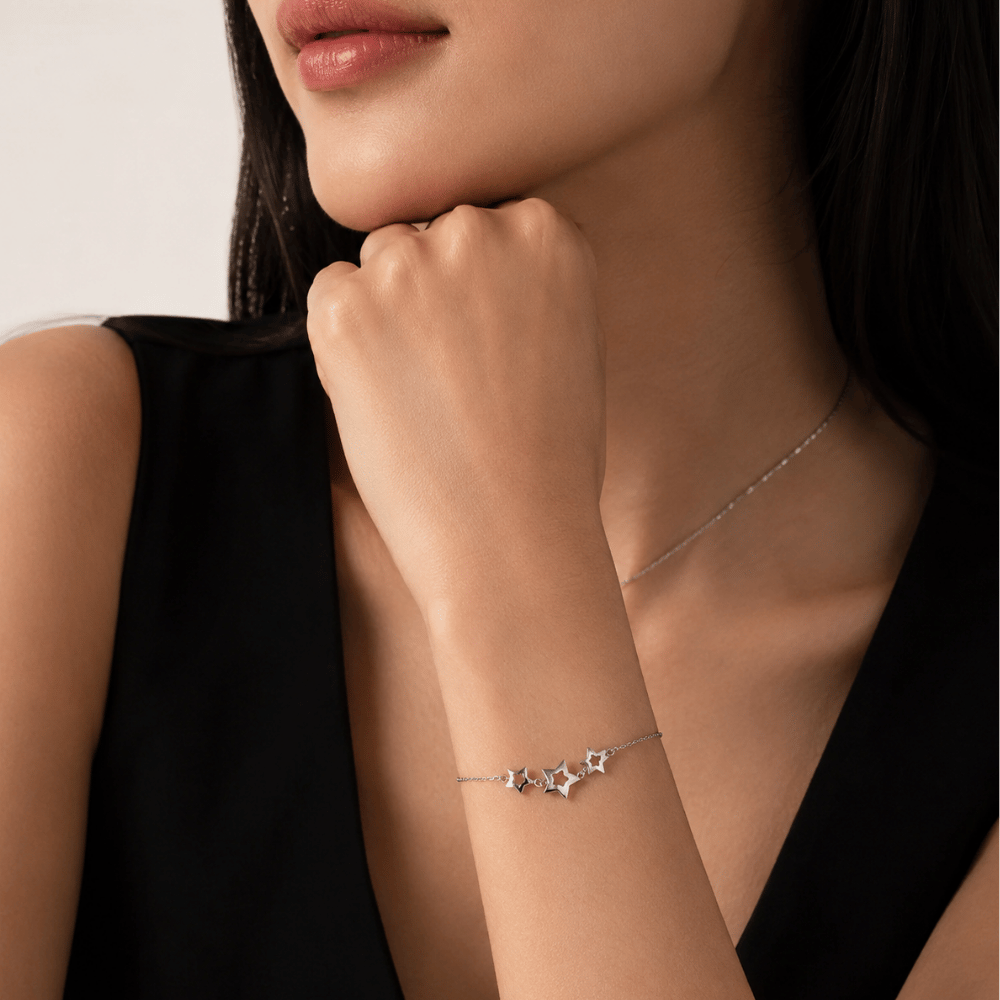 Adjustable Rhodium Plated 3 Star Bolo Bracelet