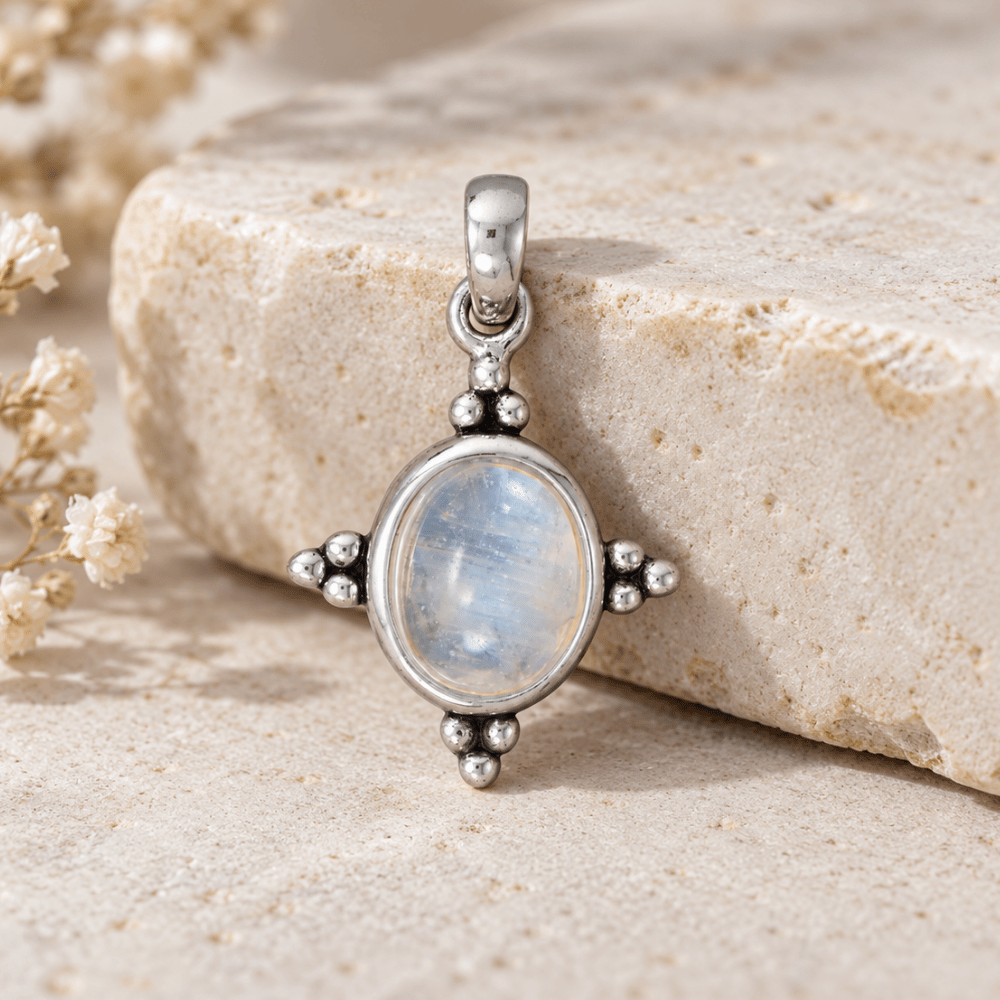 Oxidized Oval Rainbow Moonstone Pendant with Beaded Accents