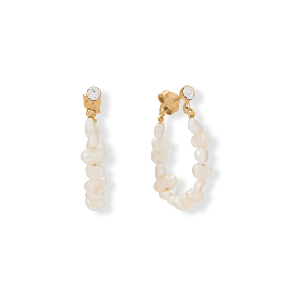 14 Karat Gold Plated Crystal and Cultured Freshwater Pearl Hoop Earrings
