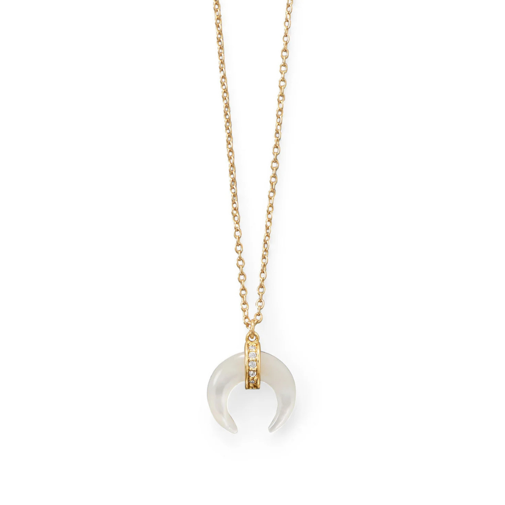 Mother of Pearl and CZ Crescent Gold Plated Necklace