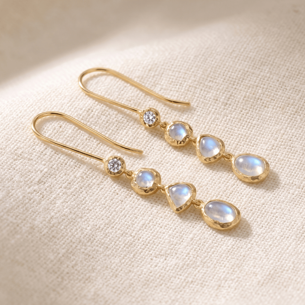 14 Karat Gold Plated Hammered CZ and Rainbow Moonstone Earrings