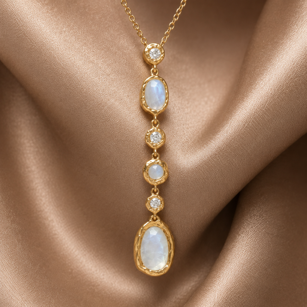 16" + 2" 14 Karat Gold Plated CZ and Rainbow Moonstone Drop Necklace