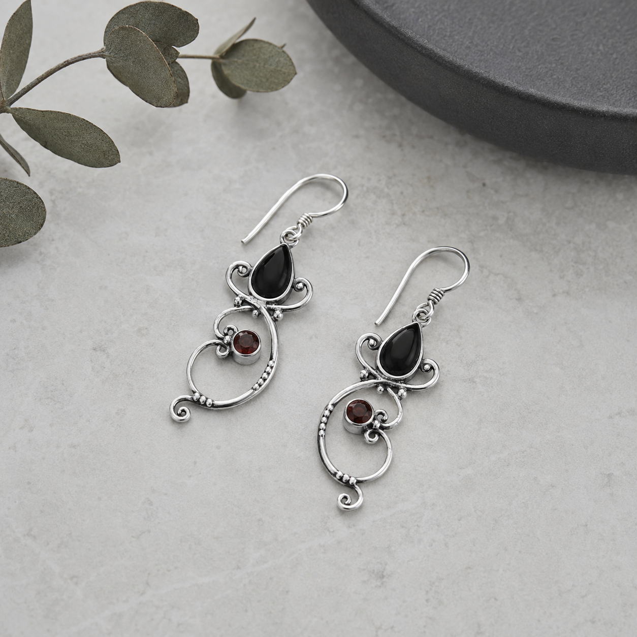 Black Onyx and Garnet Bali Earrings