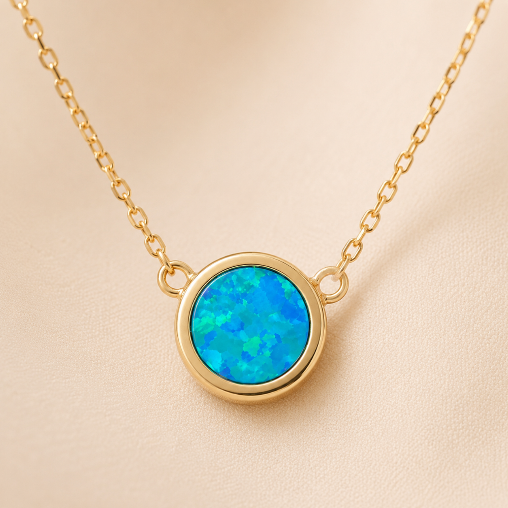 14 Karat Gold Plated Mini Synthetic Blue Opal Necklace