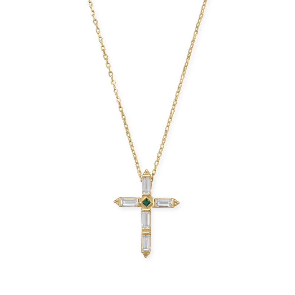16" + 2" White and Green CZ Cross Necklace