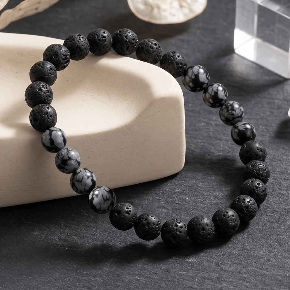 8" Black Lava and Snowflake Obsidian Stretch Bracelet