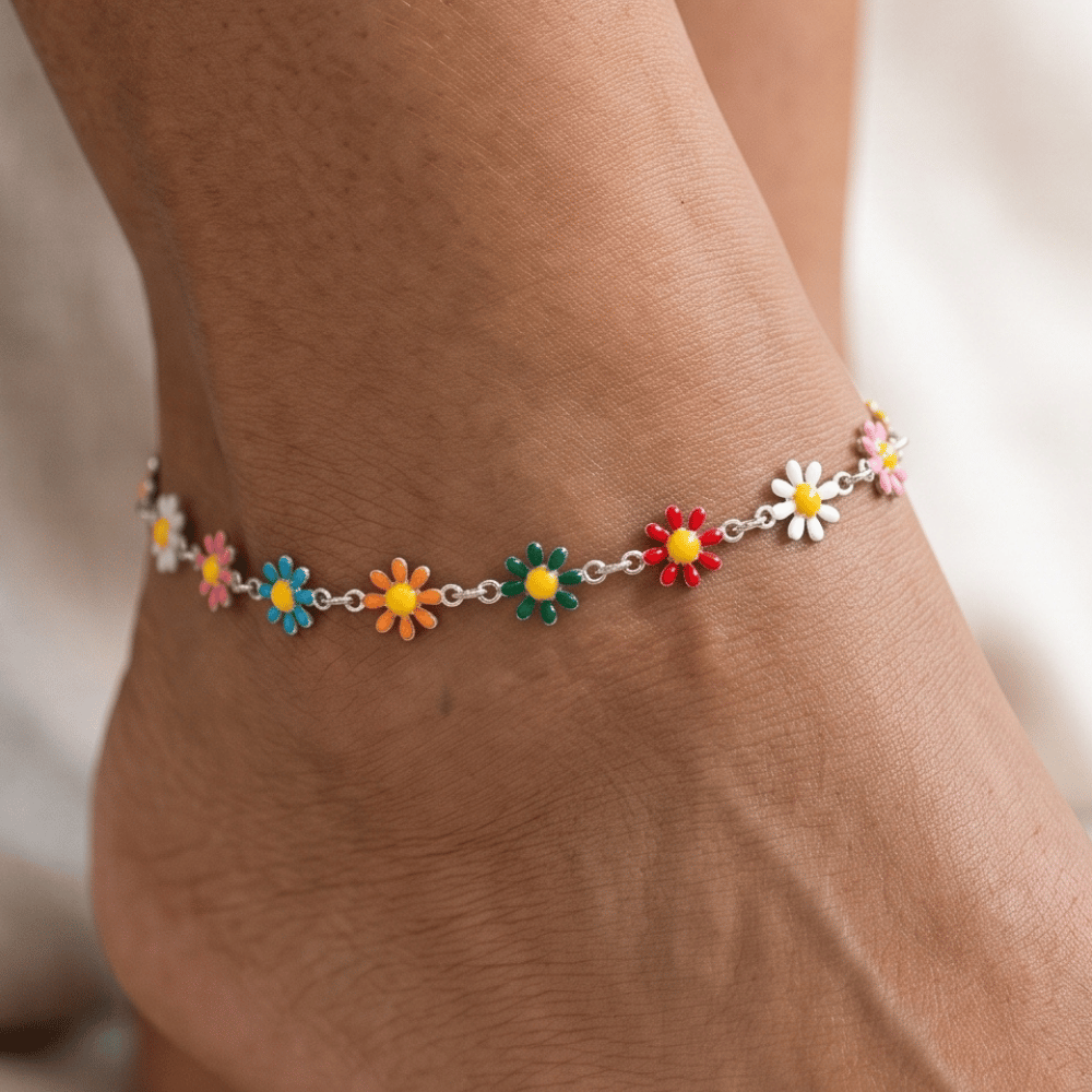 9" + 2" Multicolor Enamel Flower Fashion Anklet