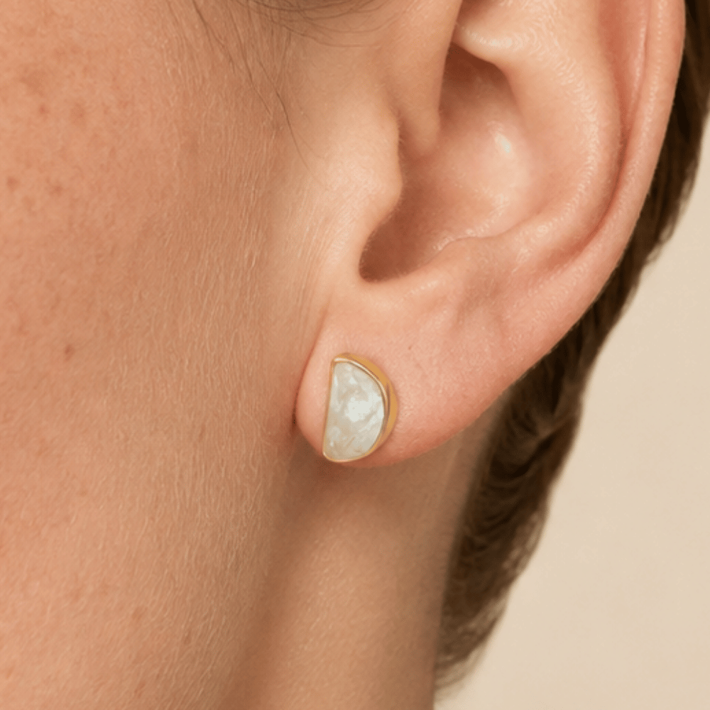 14 Karat Gold Plated Half Moon Rainbow Moonstone Post Earrings
