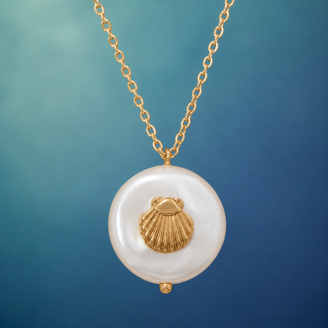 16" + 3" Gold Tone Imitation Coin Pearl and Seashell Fashion Necklace
