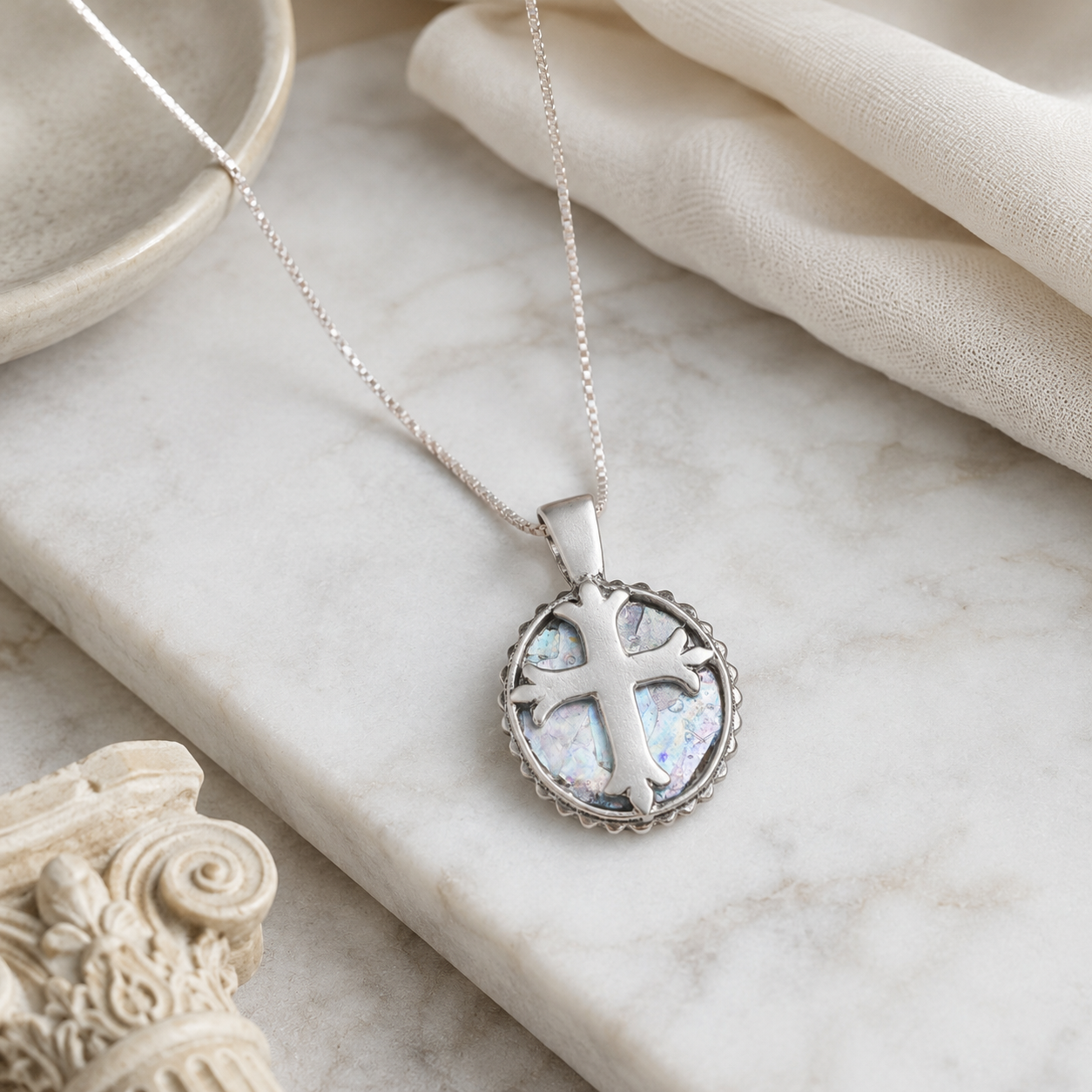 18" Oval Ancient Roman Glass Cross Necklace