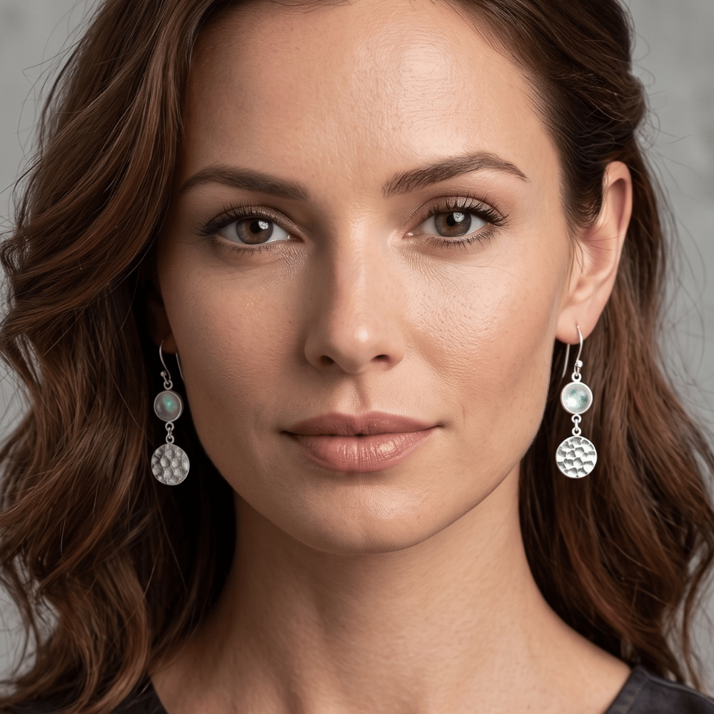 Polished Hammered Disc Rainbow Moonstone French Wire Earrings