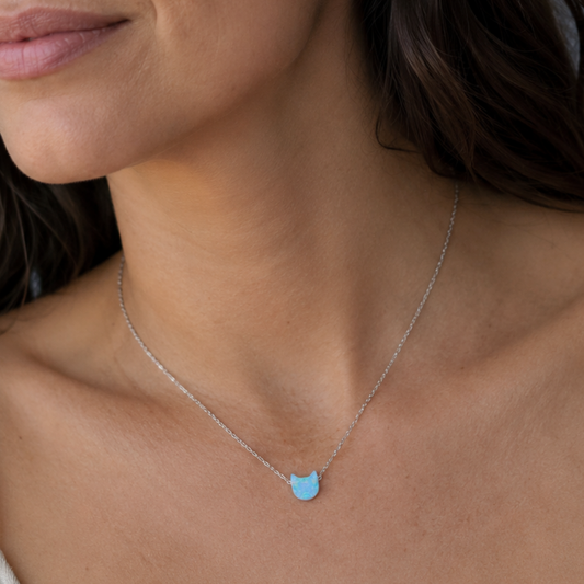 16" + 2" Rhodium Plated Synthetic Opal Kitty Cat Face Necklace