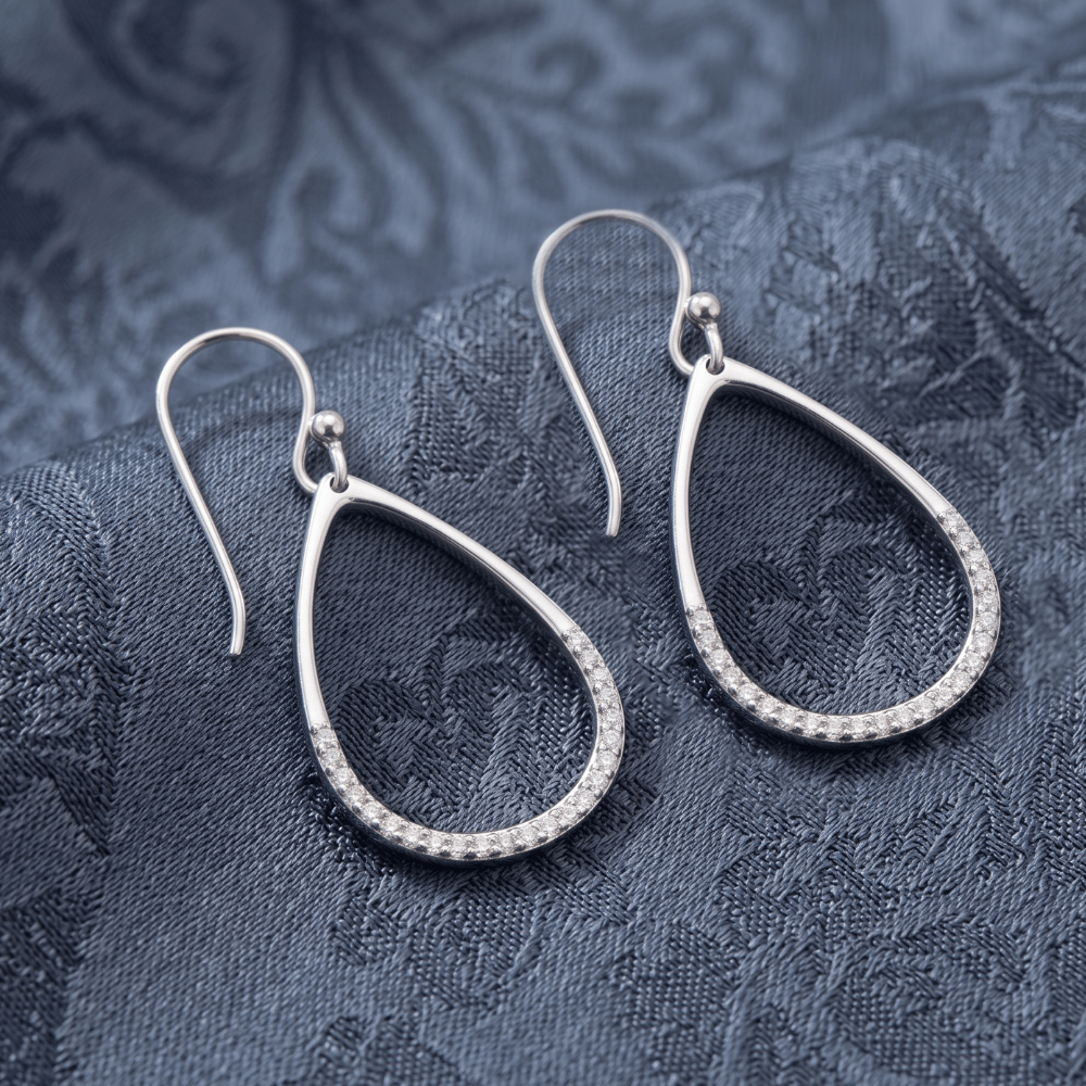 Rhodium Plated CZ Pear Drop Earrings