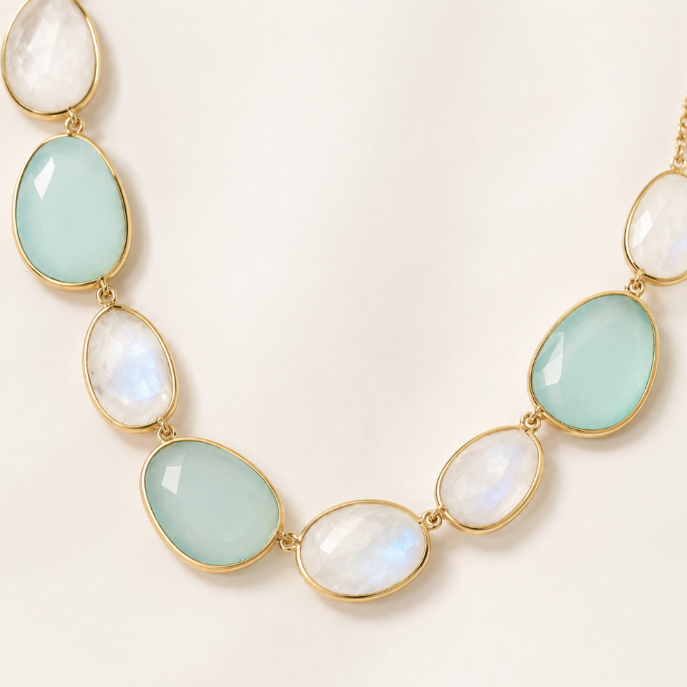 14 Karat Gold Plated Rainbow Moonstone and Green Chalcedony Necklace