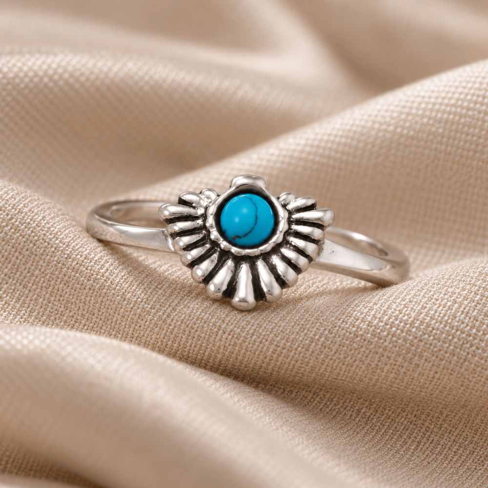 Rhodium Plated Oxidized Fan with Imitation Turquoise Ring