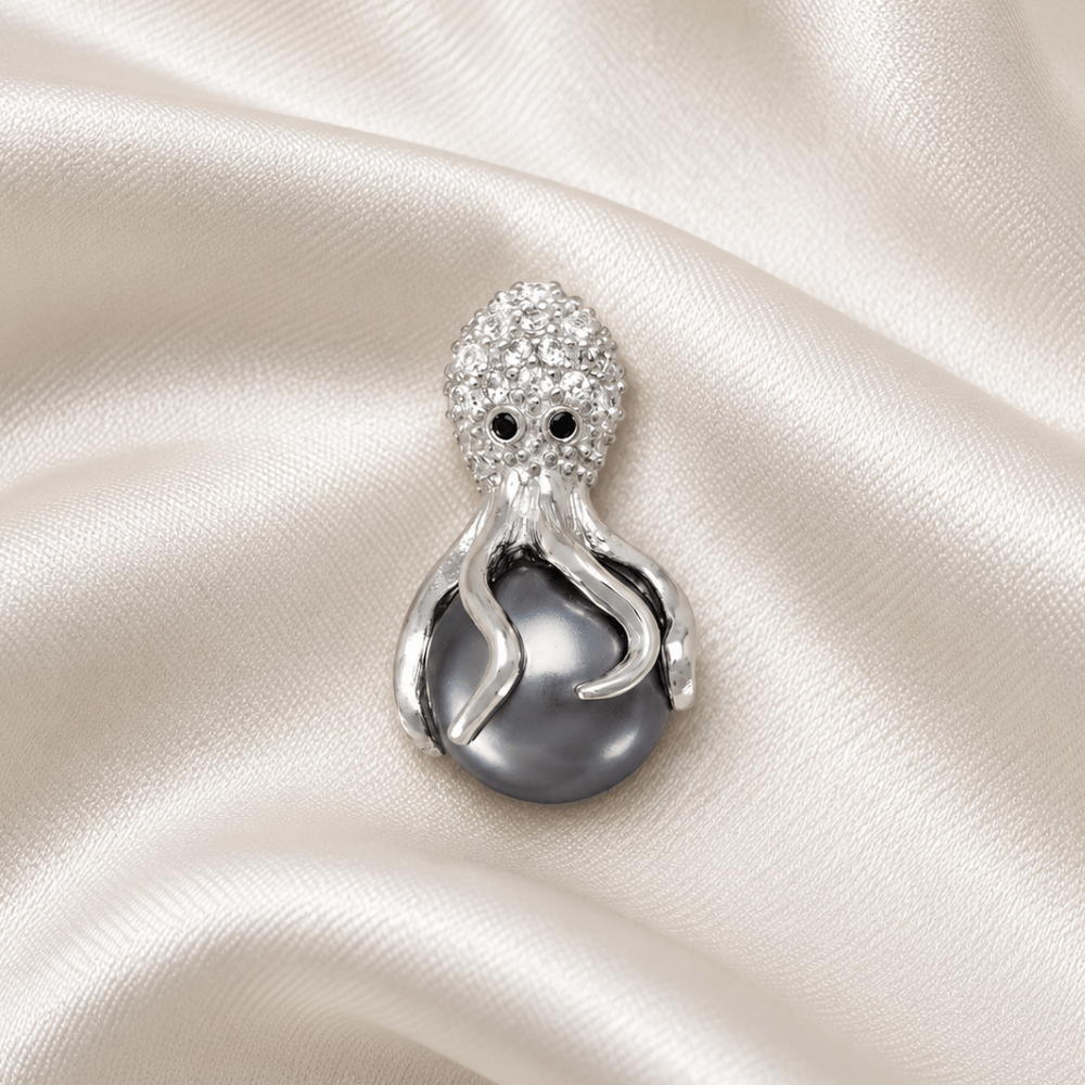 Rhodium Plated CZ and Simulated Pearl Octopus Slide