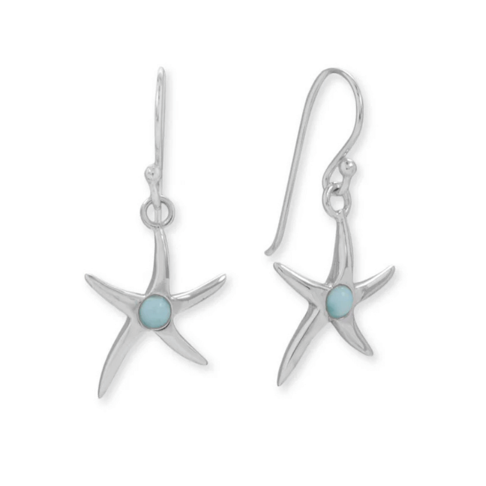 Rhodium Plated 3mm Larimar Starfish Earrings