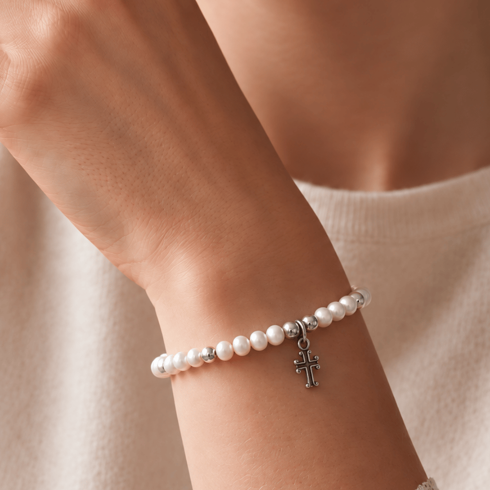5" Cultured Freshwater Pearl and Oxidized Cross Bracelet