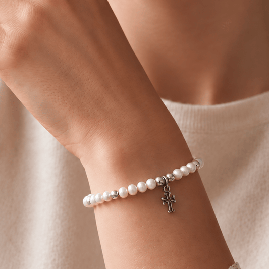 5" Cultured Freshwater Pearl and Oxidized Cross Bracelet