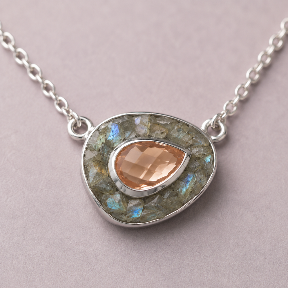 18 "+ 2" Rhodium Plated Pink Glass and Labradorite Halo Necklace
