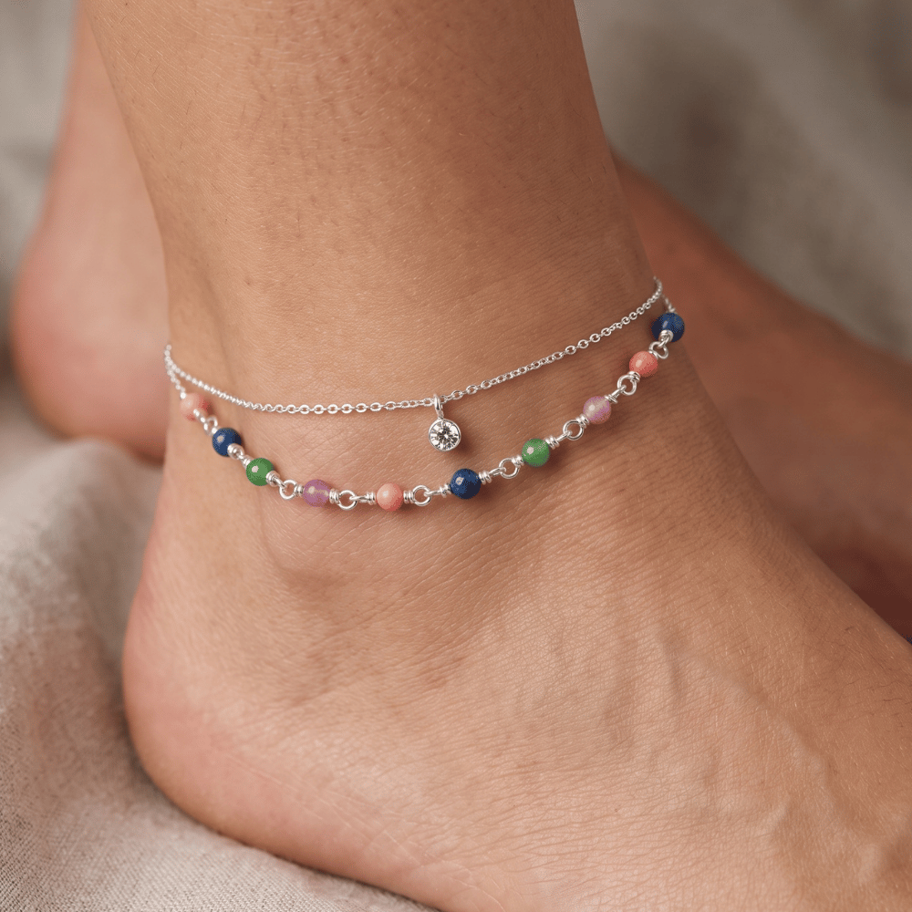 9" + 1" Multicolor Jade and CZ Double Strand Anklet