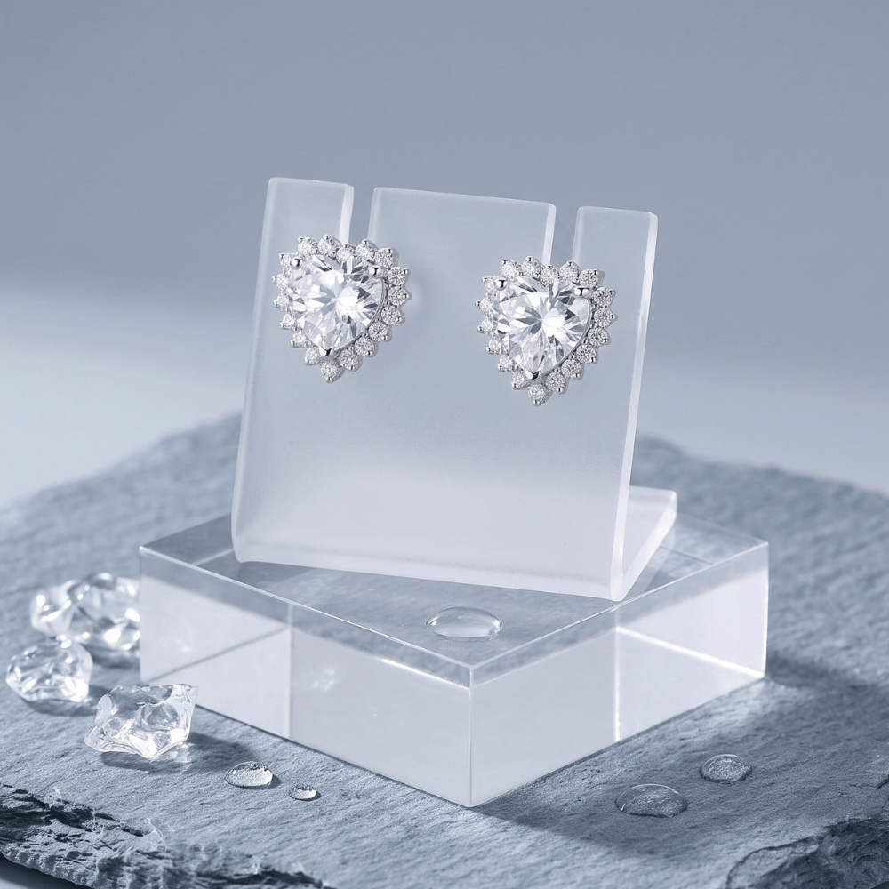 Rhodium Plated CZ Heart Halo Stud Earrings