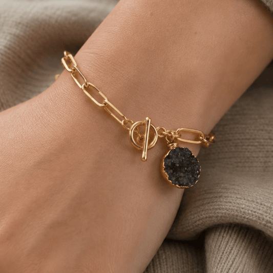 8" Gold Tone Grey Druzy Paperclip Style Fashion Toggle Bracelet