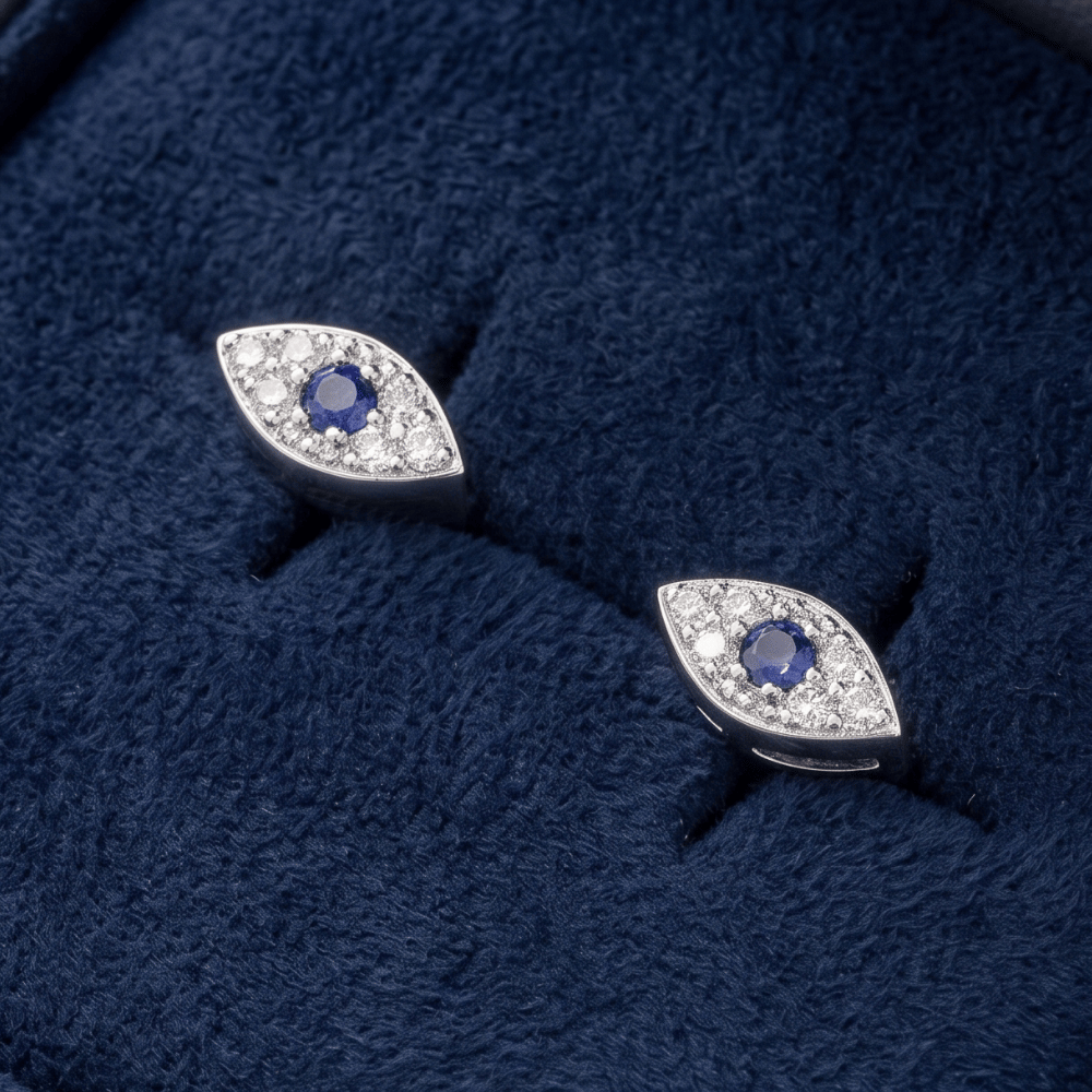 Blue CZ Evil Eye Stud Earrings